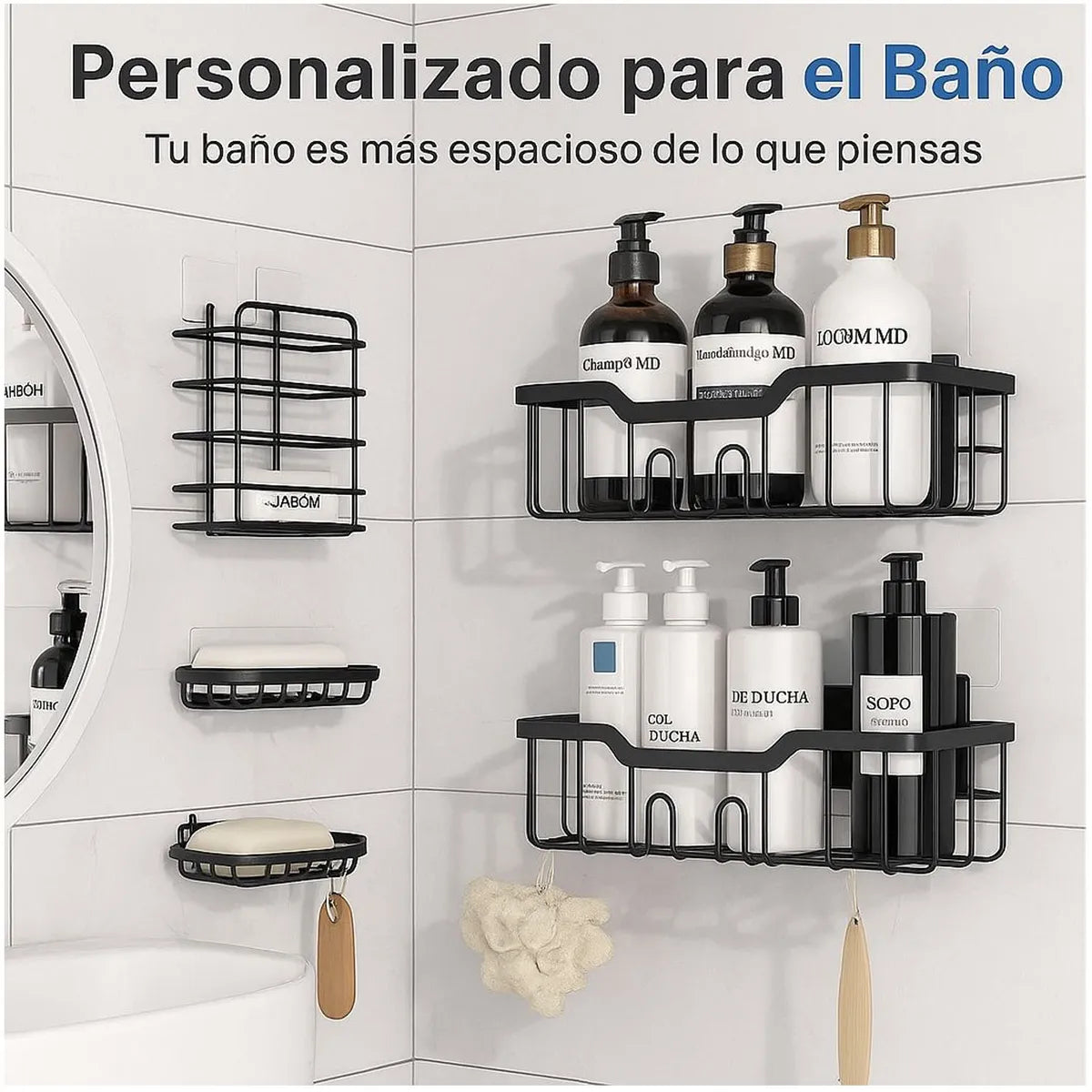 BathBlack™ – Organizador de Baño Metal 5 Piezas 🖤
