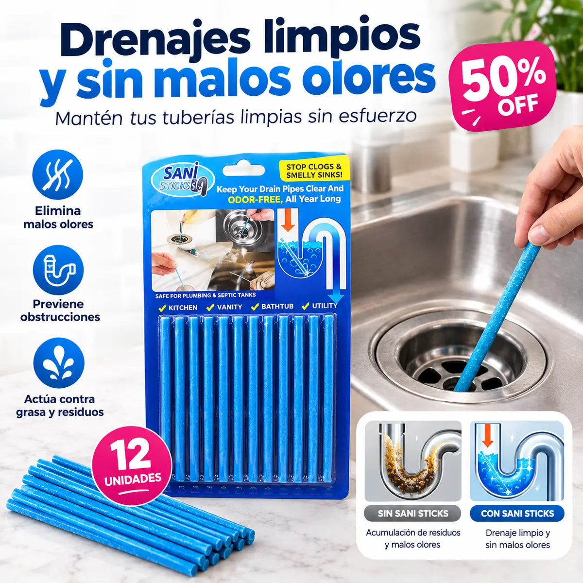 🫧🚾x12 Limpiadores Drenajes Sani Stick