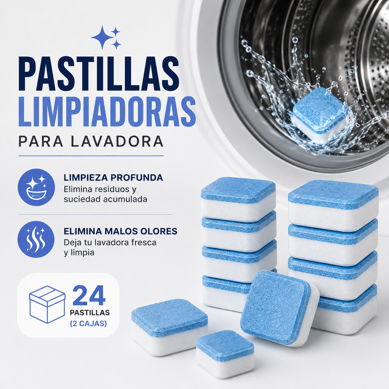 🧺 CleanWash® Pastillas Limpiadoras para Lavadora | Pack Doble: 2 Cajas (12 Pastillas c/u)