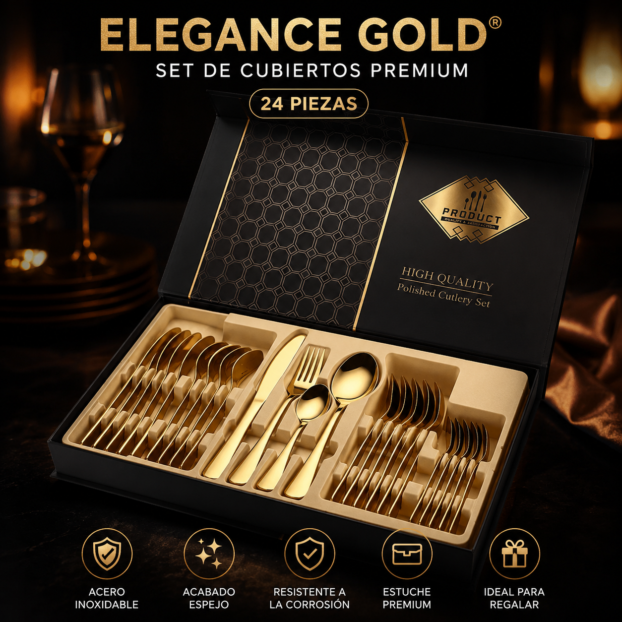 ✨ Elegance Gold® | Set de Cubiertos Dorados Premium de 24 Piezas