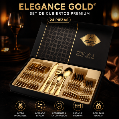 ✨ Elegance Gold® | Set de Cubiertos Dorados Premium de 24 Piezas
