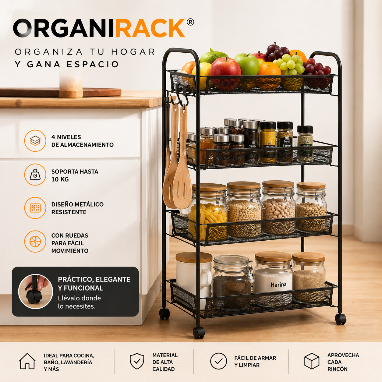 OrganiRack® | Organizador Metálico de 4 Niveles con Ruedas✨
