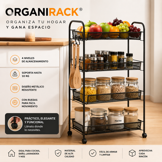 OrganiRack® | Organizador Metálico de 4 Niveles con Ruedas✨
