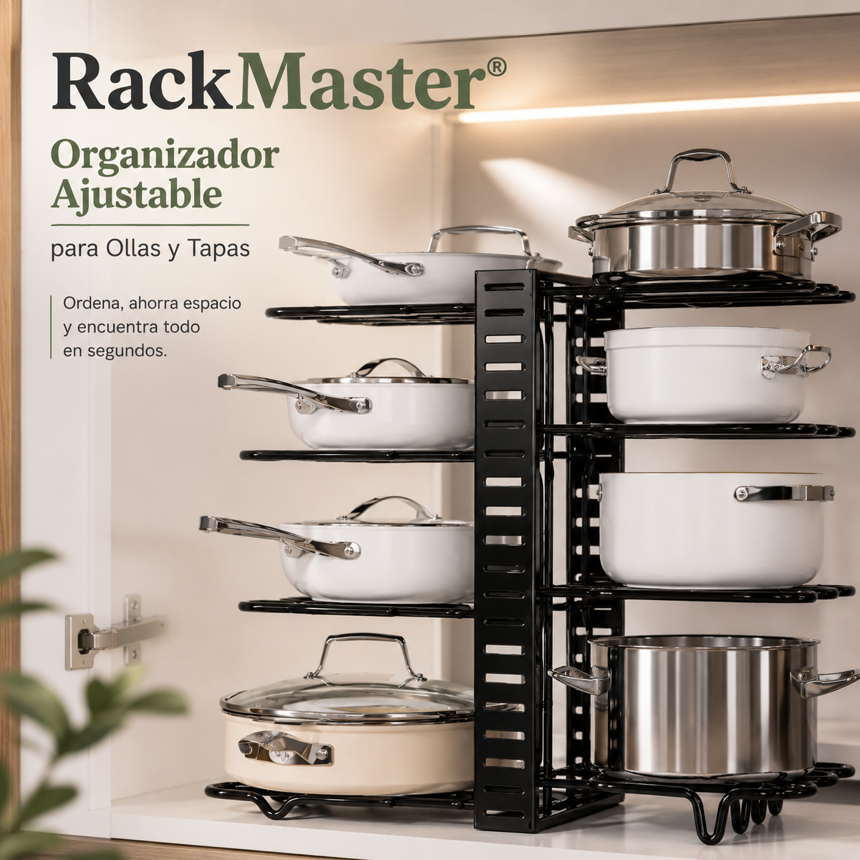 RackMaster Ollas® | Organizador Ajustable para Ollas y Tapas