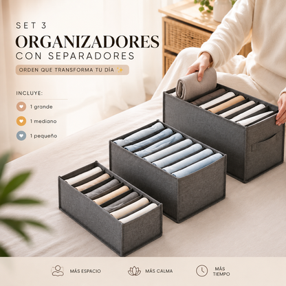 🔥 Set de 3 Organizadores Plegables Grises Con Divisores