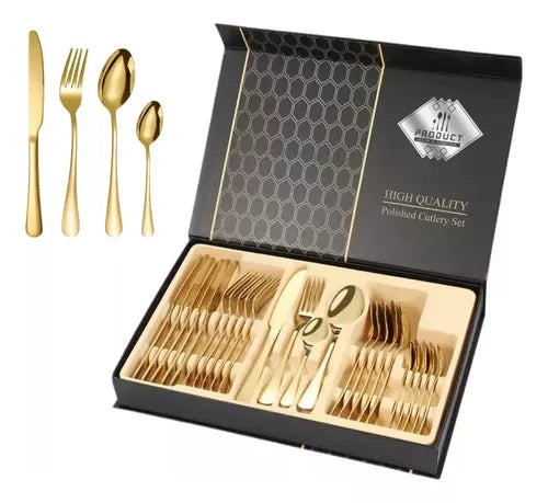 ✨ Elegance Gold® | Set de Cubiertos Dorados Premium de 24 Piezas