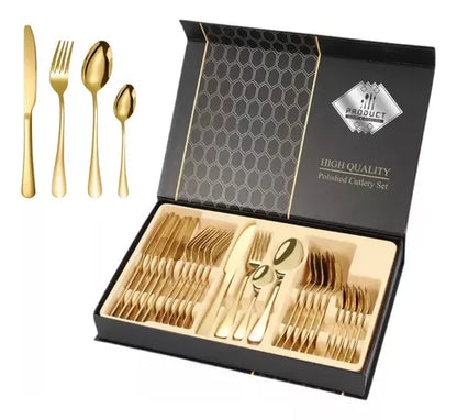 ✨ Elegance Gold® | Set de Cubiertos Dorados Premium de 24 Piezas