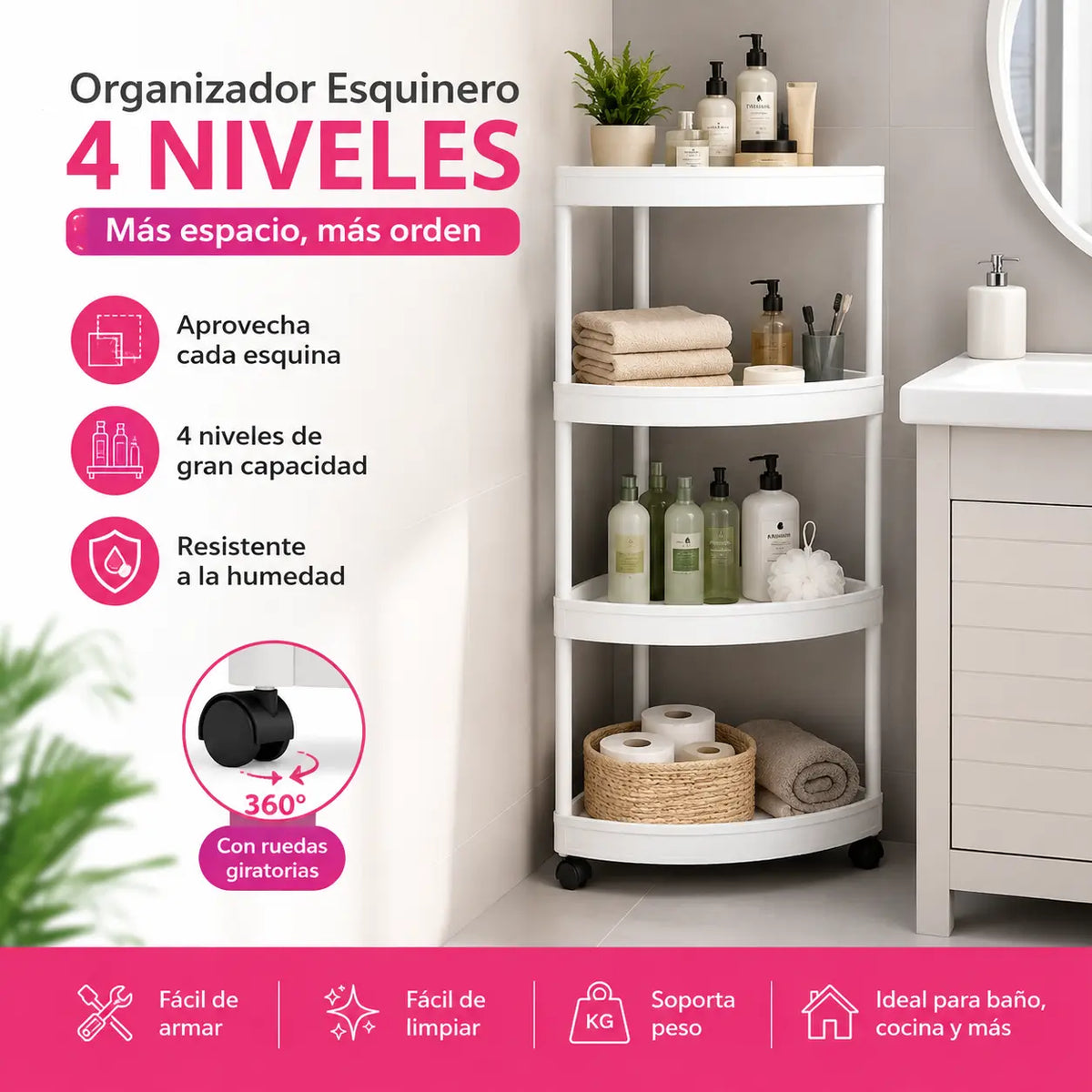 ✨Bathy® - Organizador Esquinero de Baño 4 Niveles Con ruedas