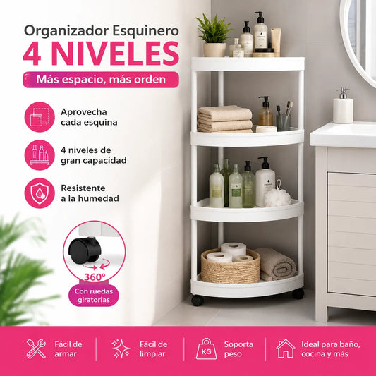 ✨Bathy® - Organizador Esquinero de Baño 4 Niveles Con ruedas