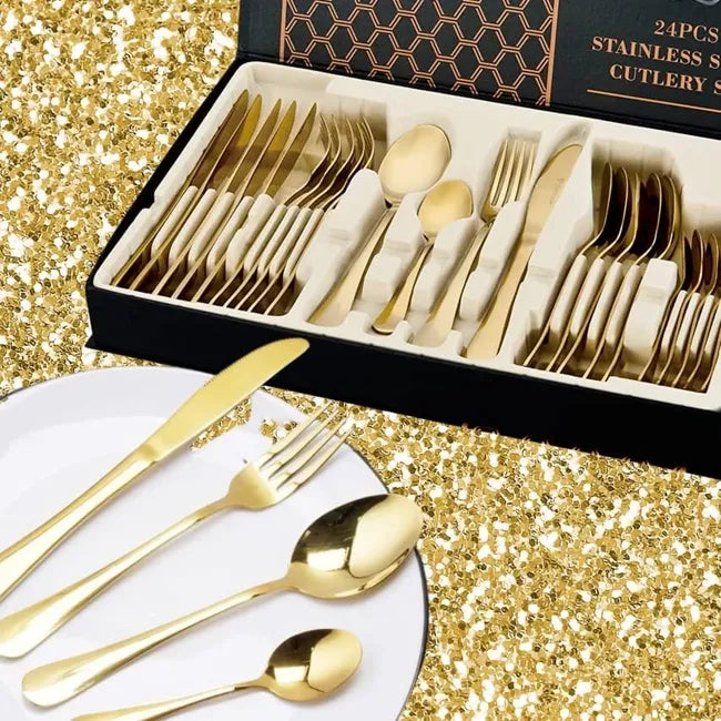 ✨ Elegance Gold® | Set de Cubiertos Dorados Premium de 24 Piezas
