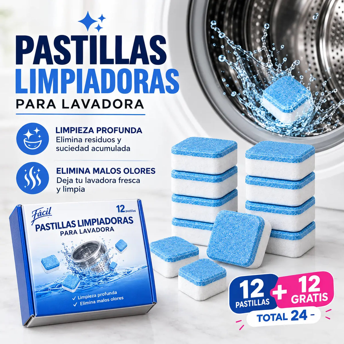 🧺Pastillas CleanWash® Limpiadoras para Lavadora   (12 + 12 GRATIS🎁)