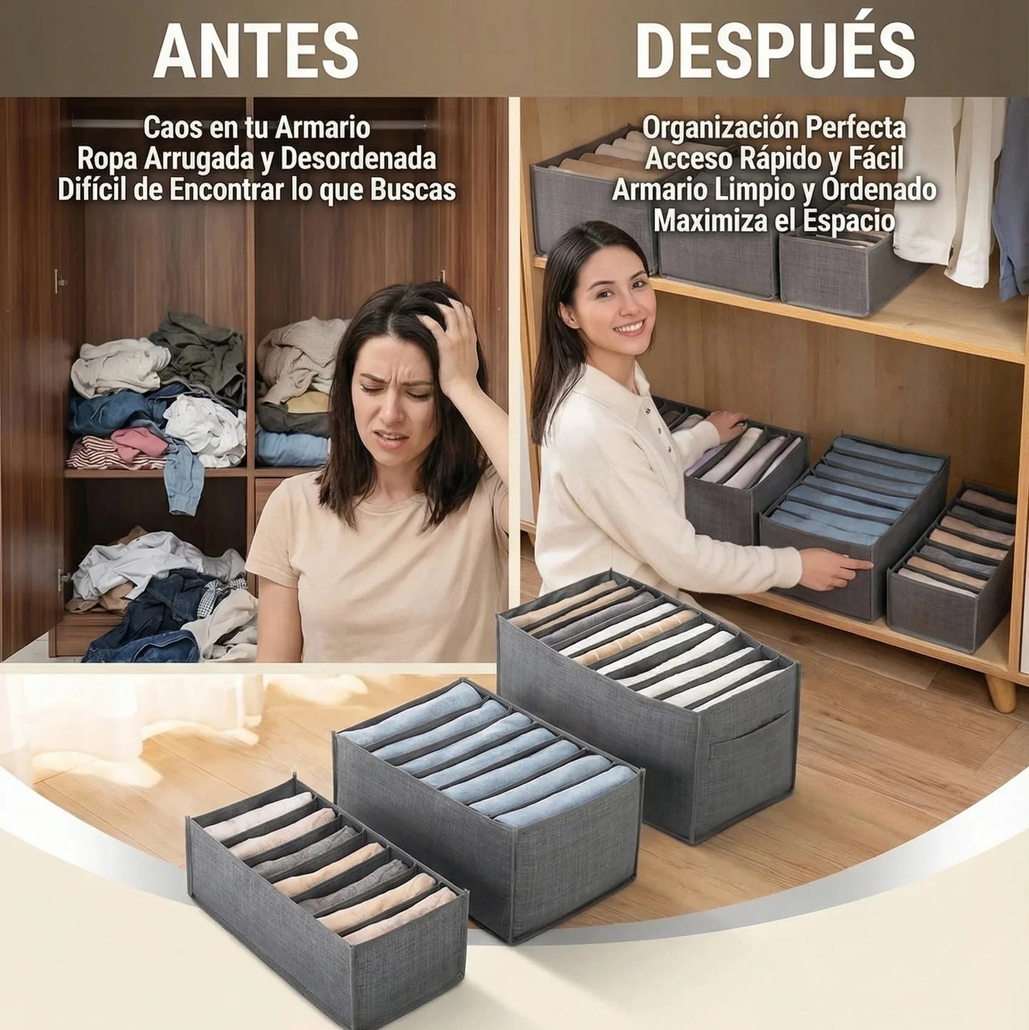🔥 Set de 3 Organizadores Plegables Grises Con Divisores
