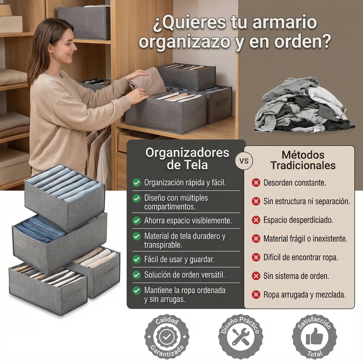 🔥 Set de 3 Organizadores Plegables Grises Con Divisores