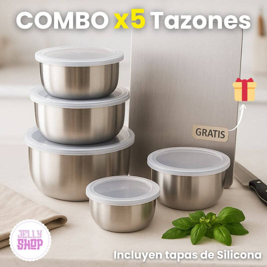 COMBO 5 Tazones con Tapa + Tabla de Cortar GRATIS🔪🎁